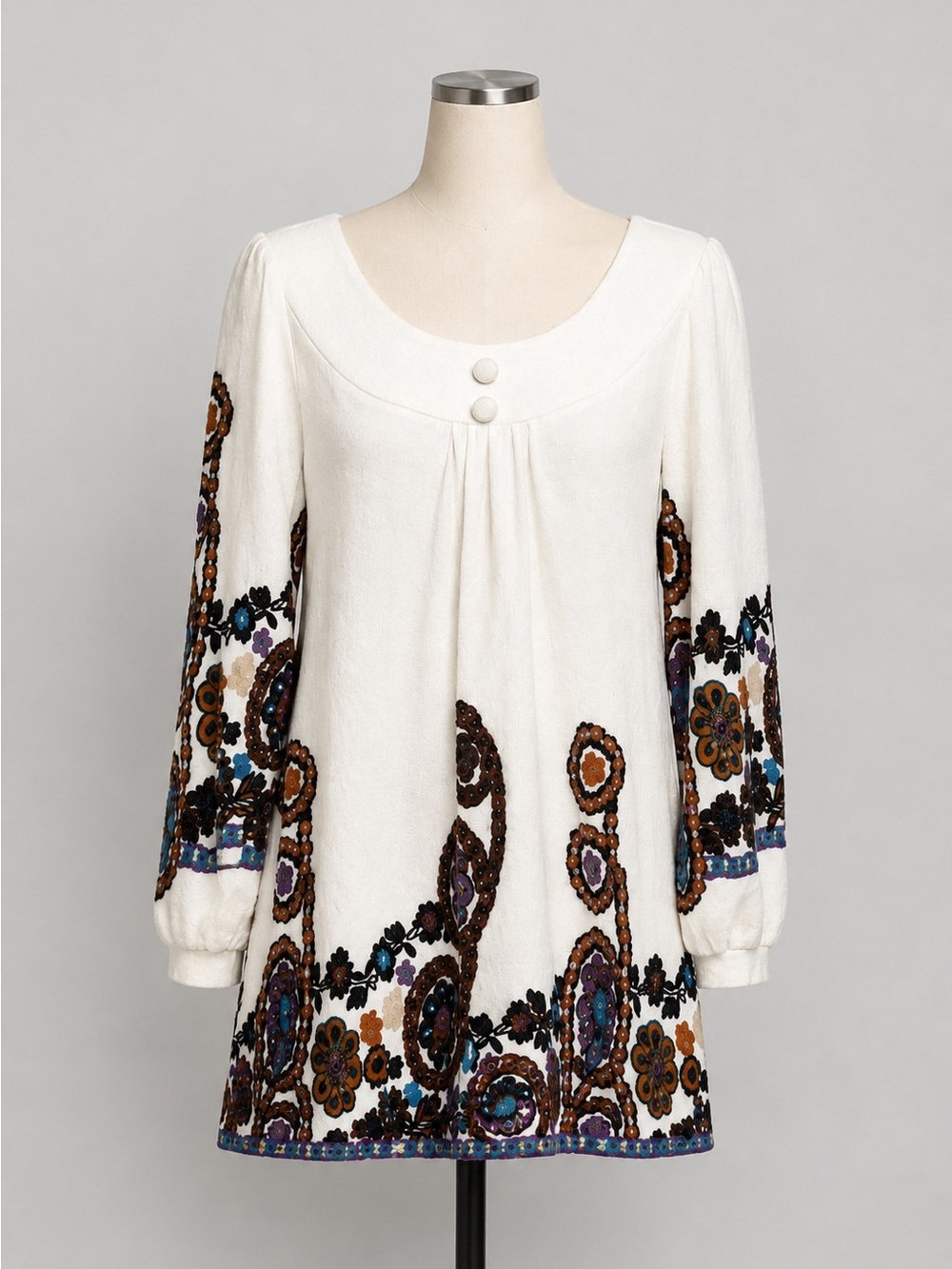 Anthropologie Arah Tunic Dress in Boho Embroidered Paisley Floral Laga Sleeve -